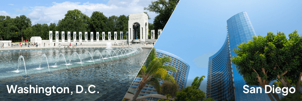 The National World War II Memorial fountain on the left, with a view of a skyscraper in San Diego on the right