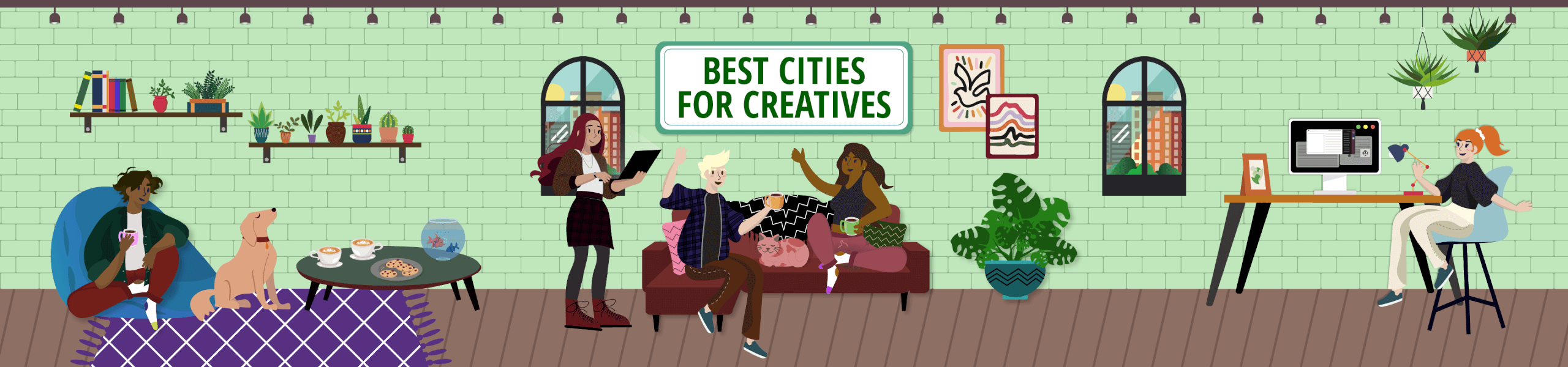 a cartoon image of people hanging out in a building with a green brick interior wall behind them