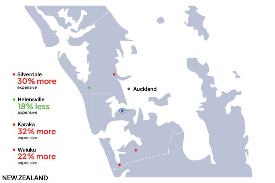 a map of Auckland showing the average price difference of regional cities to Auckland City. 