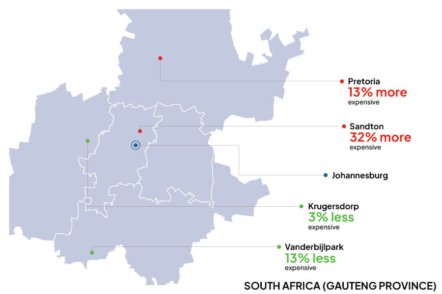 A map of Guateng Province showing different cities and their average price difference to Johannesburg