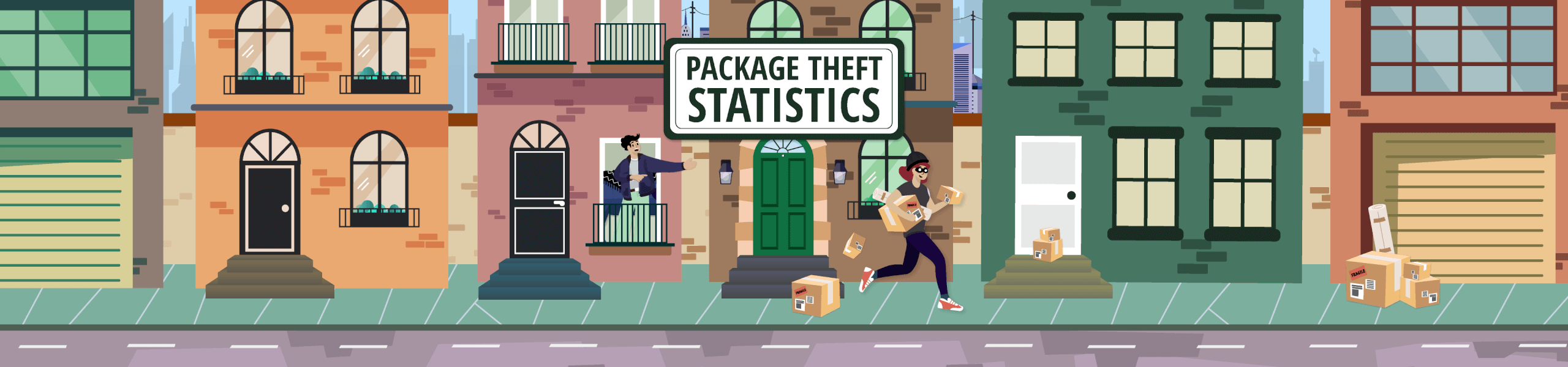 cartoon image of city street with burglar running down the road with a title card reading "Package Theft Statistics"